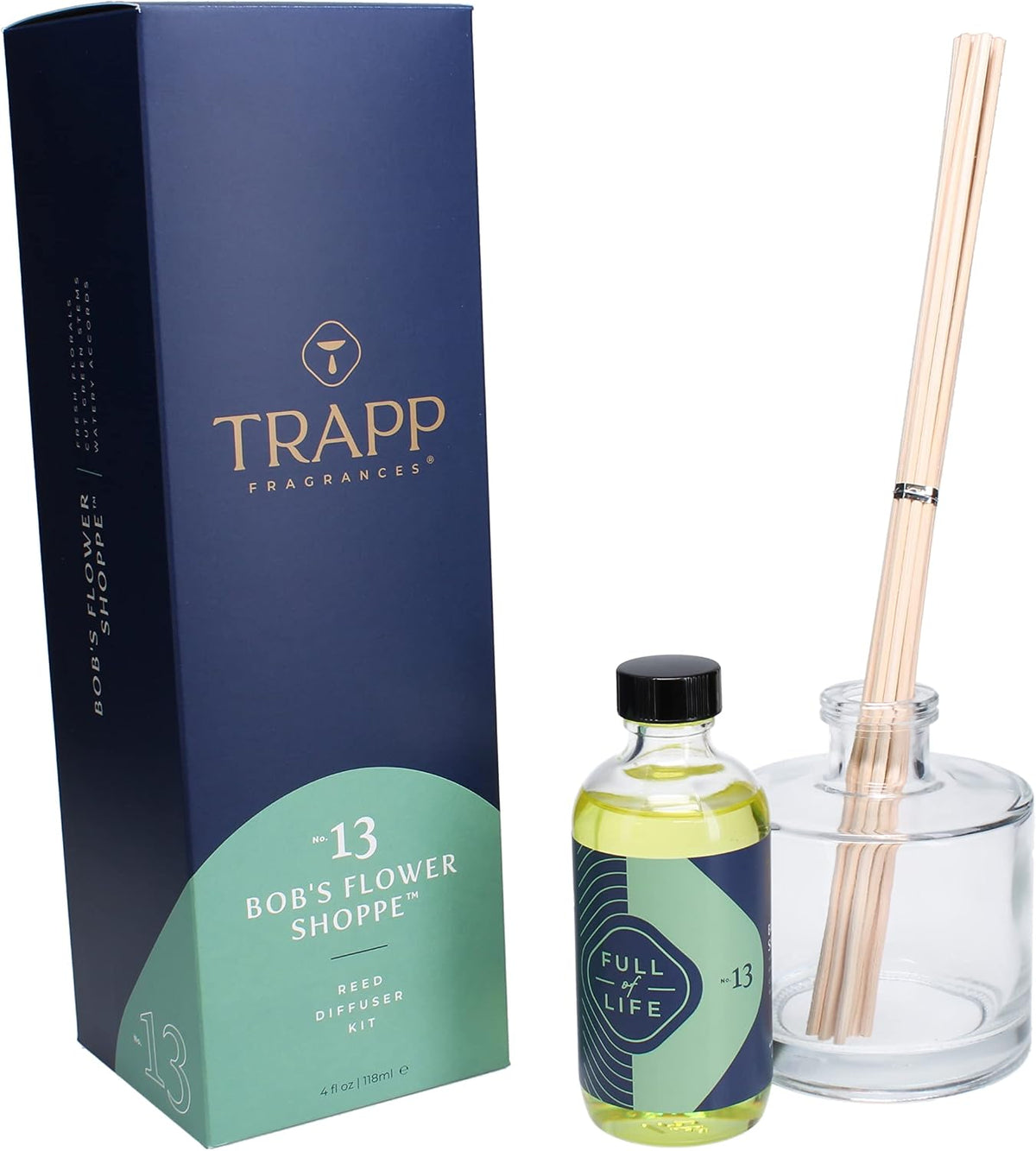 Trapp - No. 13 Bob's Flower Shoppe - Reed Diffuser Kit - 2 Sets of 12 Reeds, Scented Diffuser Oil (4 oz.), Vase - Long Lasting Scent Notes of Fresh Florals, Cut Green Stems, and Watery Accords