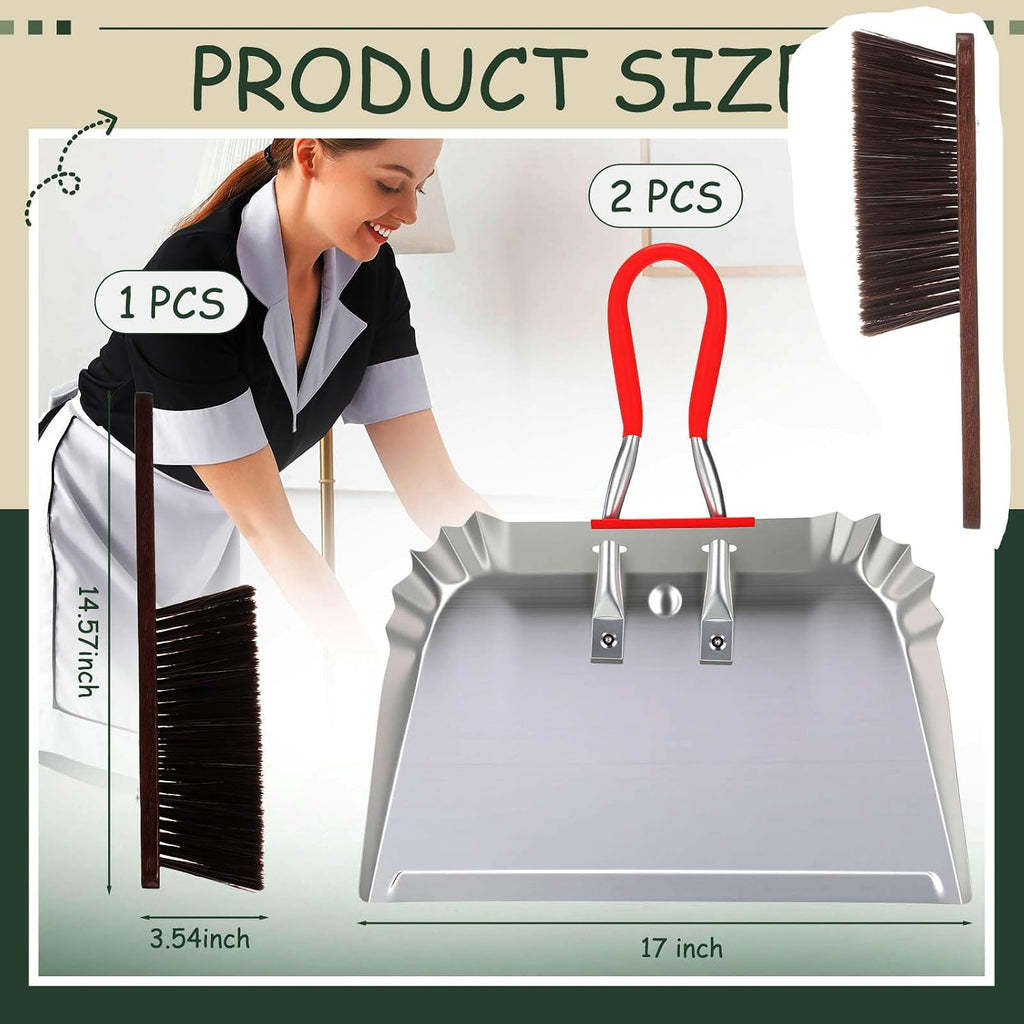 2 Metal Dustpans with Hand Brush, 17 Inch Heavy Duty Cleaning Set, Sliver