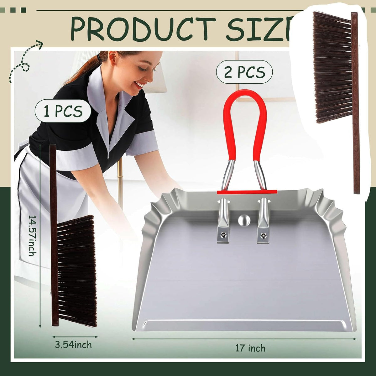 2 Metal Dustpans with Hand Brush, 17 Inch Heavy Duty Cleaning Set, Sliver