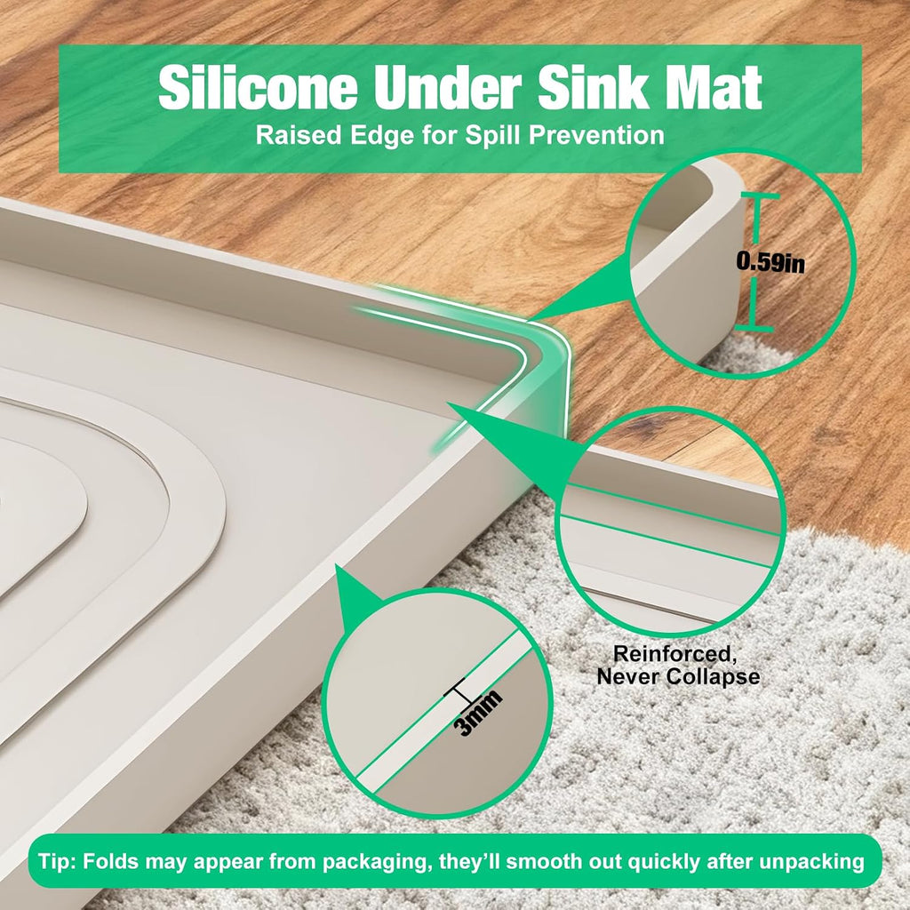 Waterproof Under Sink Mat 34"x22", Silicone Mat, Beige