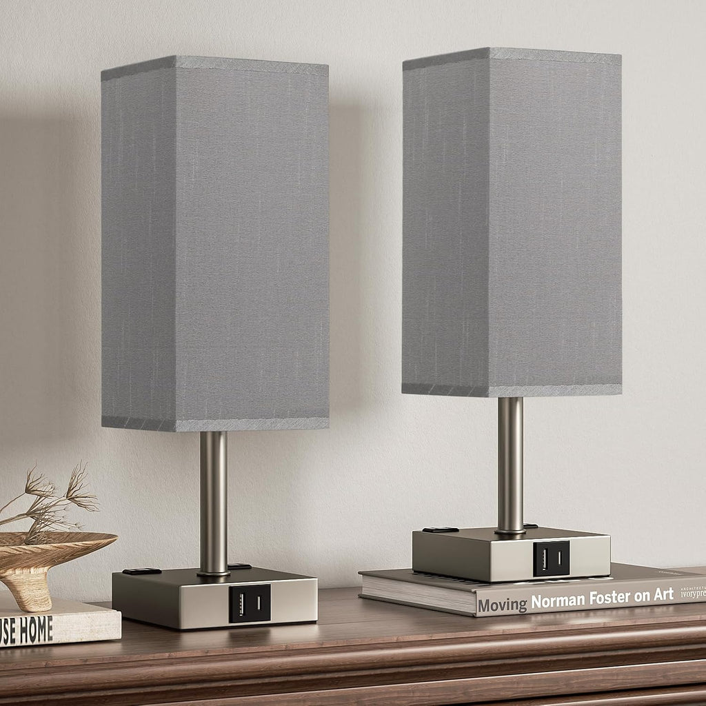 Grey Touch Lamps Set of 2 for Bedroom - Dimmable, USB C+A, 2 AC Outlets