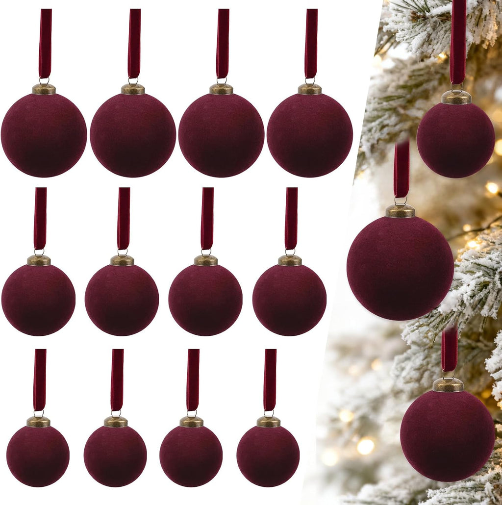 12Pcs Burgundy Velvet Ornaments, Flocked Christmas Ball Ornaments