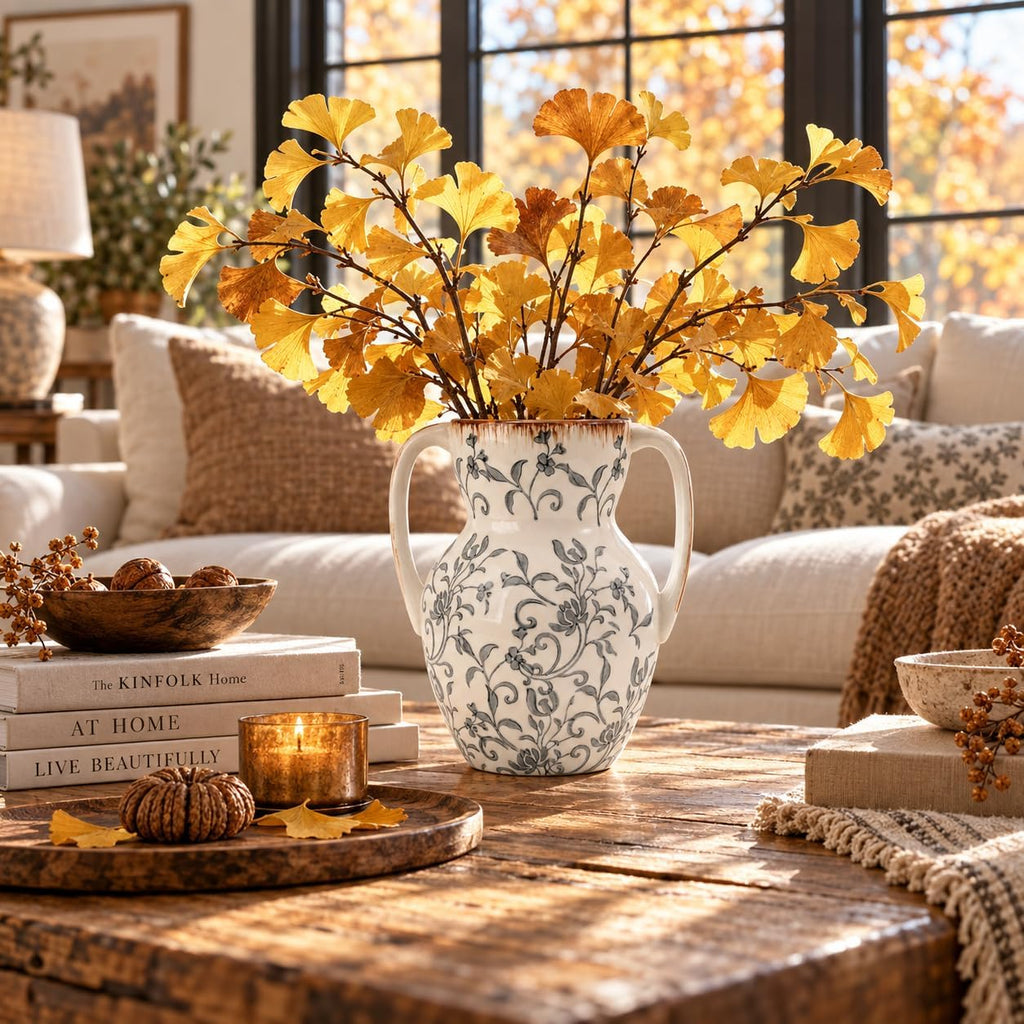 Emotionally Grounded Vase, Vaseking Large Ceramic Rustic Vase with 2 Handles, 8.3 inch Minimalist Decorative Farmhouse Tall Vases for Home Decor, Living Room, Enterway, Table Decoration, Gray Floral