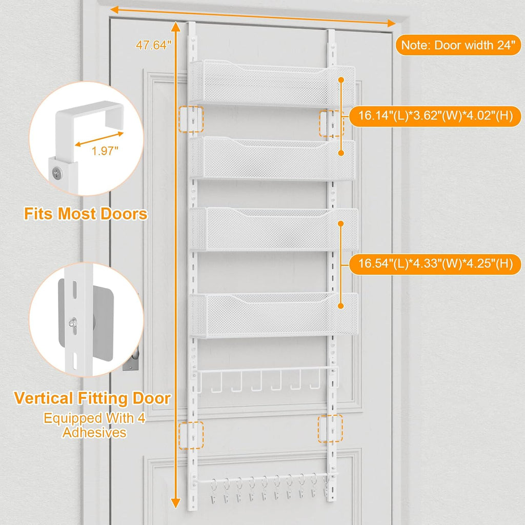 Over the Door Organizer, 2 in 1 Metal Hanging Closet Organizer & Hat Rack with 4 Adjustable Baskets, 8 Hooks, 10 Clips, Behind The Door Storage for Bedroom, Bathroom, Entrance, Closet, Kitchen, White