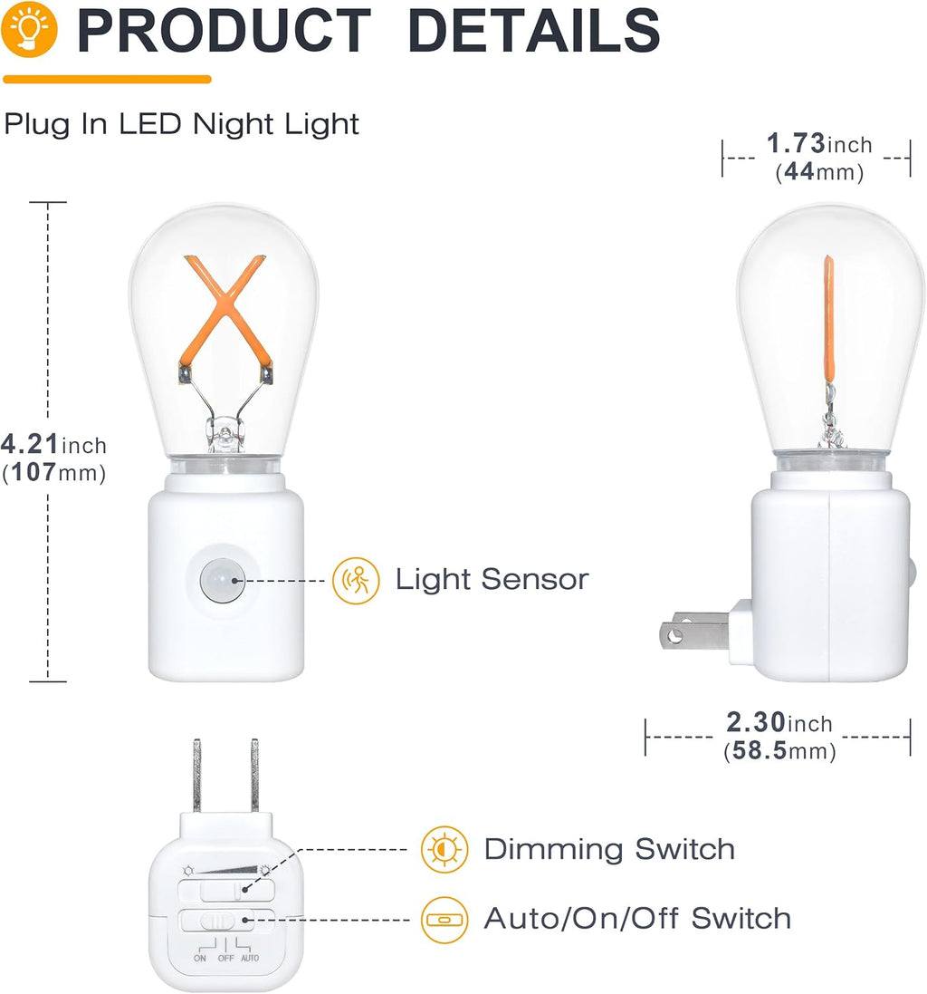 LED Amber Night Light, Night Lights Plug into Wall, LED Night Lights with Motion Sensor, Dimmable 2200K Night Light for Christmas, Holiday Decor, Hallway, Bedroom, 2-Pack
