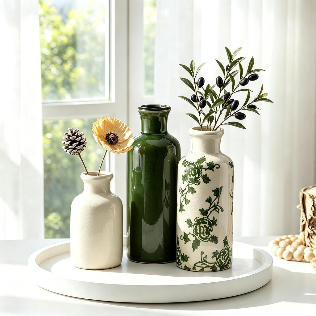 Ceramic Vintage Vase Set of 3, Green and White Crackle Glaze, Chinoiserie Floral Decor for Farmhouse Shelf, Table Centerpiece, Mantel, Living Room & Office