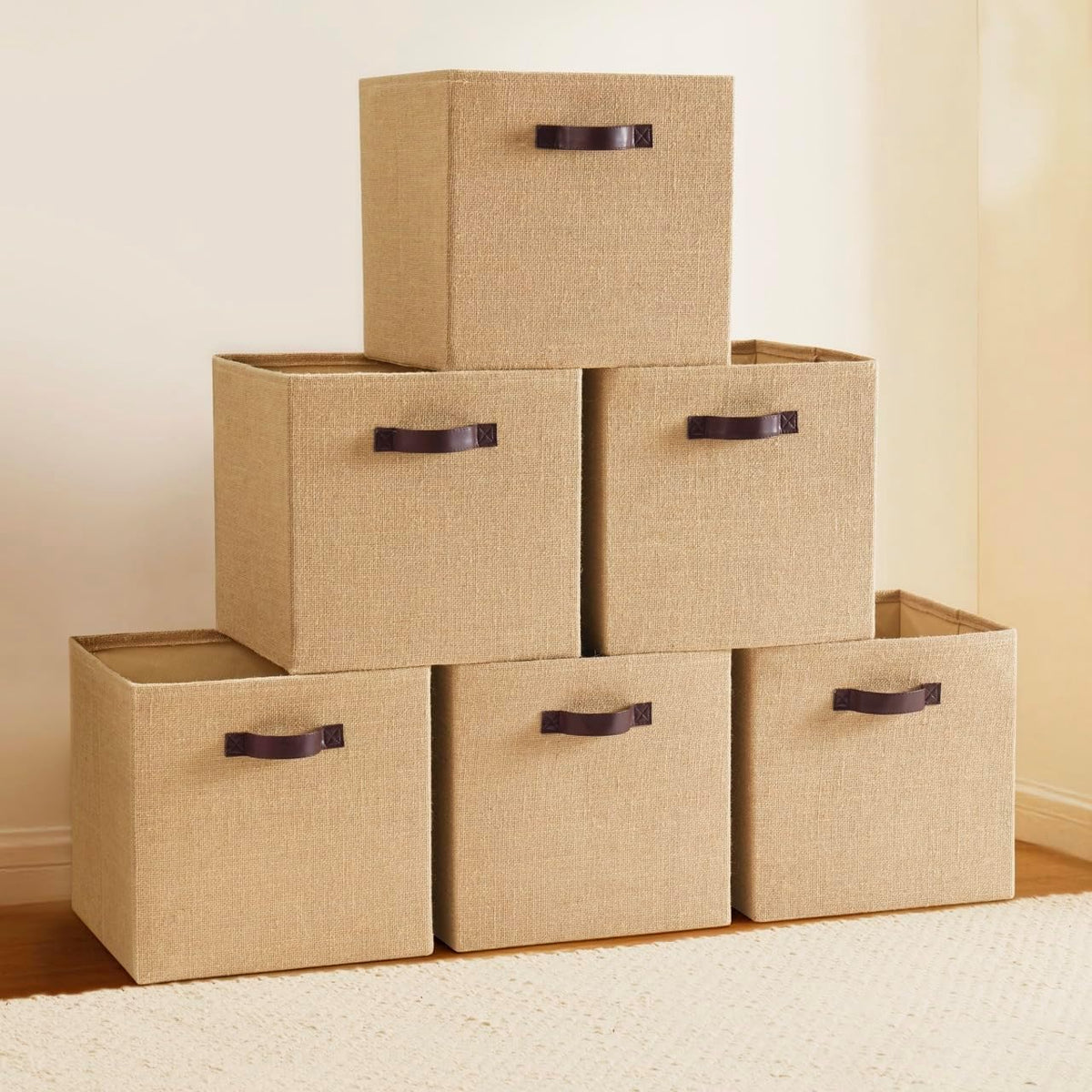 Ornavo Home 13x13 Jute Storage Cube Bins, 6 Pack, Foldable, Leather Handles