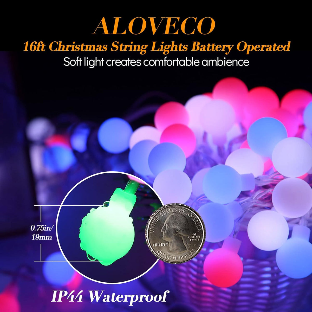 ALOVECO LED String Lights 16ft 50 LED Battery Operated String Lights Color Changing with Remote Waterproof Globe Starry Fairy Lights for Outdoor Indoor Bedroom Garden Party (RGB)
