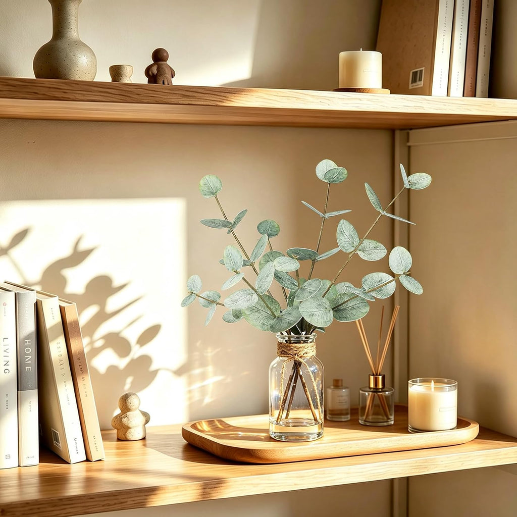 Coferset Artificial Eucalyptus Stems in Glass Vase with Faux Water, Green