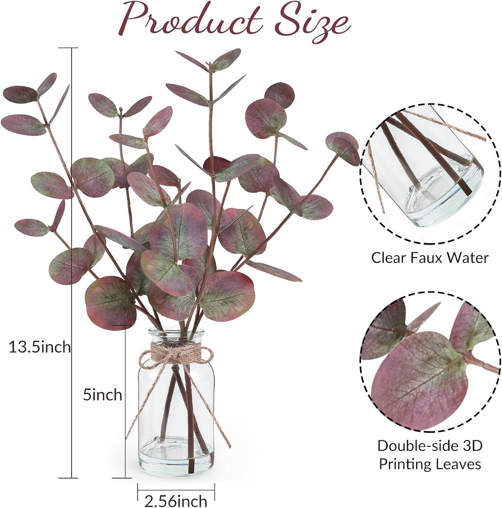Bessol Artificial Eucalyptus Stems in Glass Vase with Faux Water, Fake Plants for Home Decor, Coffee Table Centerpieces, Office, Bathroom & Farmhouse - Red Faux Plants Decorations