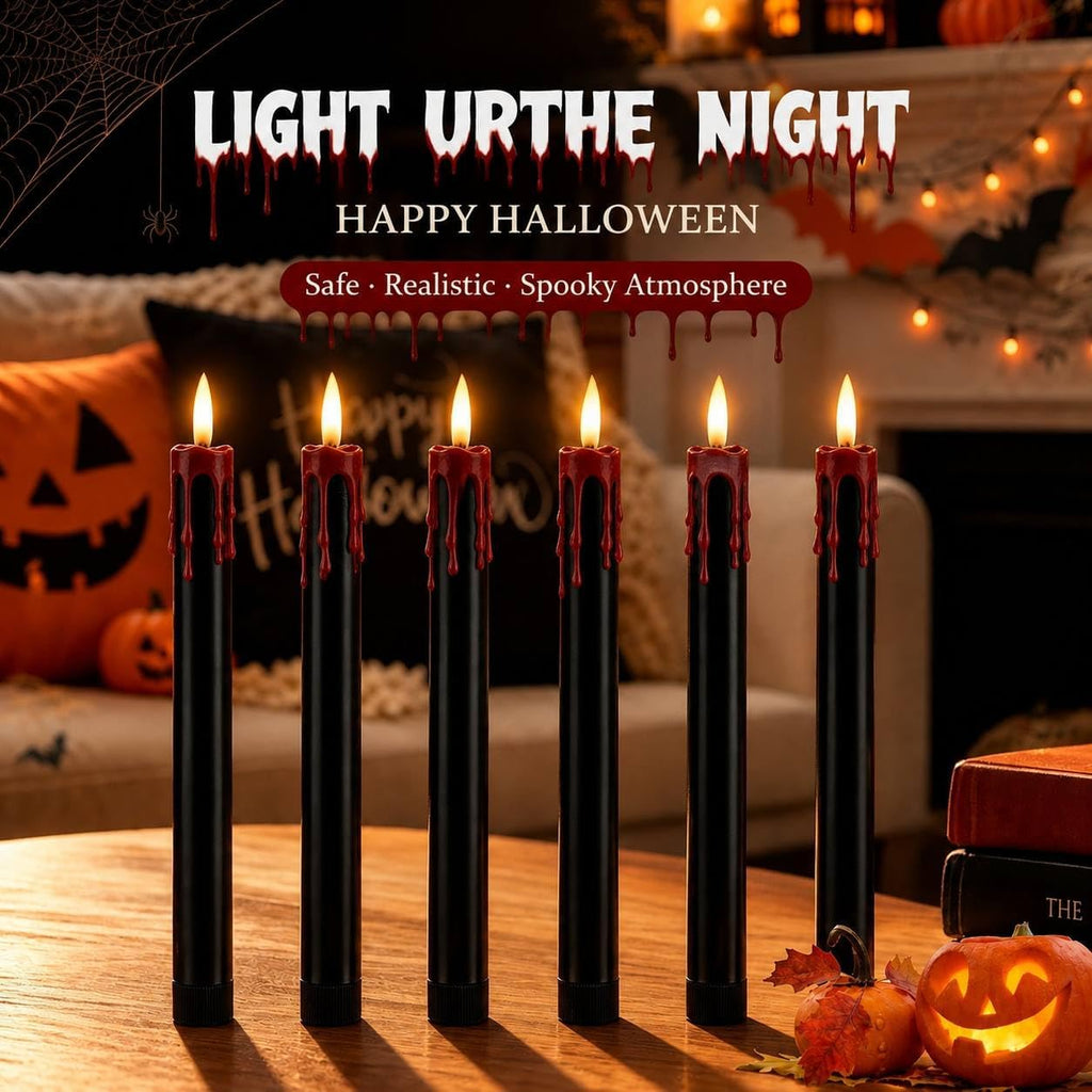 Dusk&Decorum 6 Pack Halloween Tapered Candles with Remote, Black Halloween Flameless Candles with Red Dripping Wax, Battery Operated LED Halloween Candles for Table, Mantel & Indoor Decor