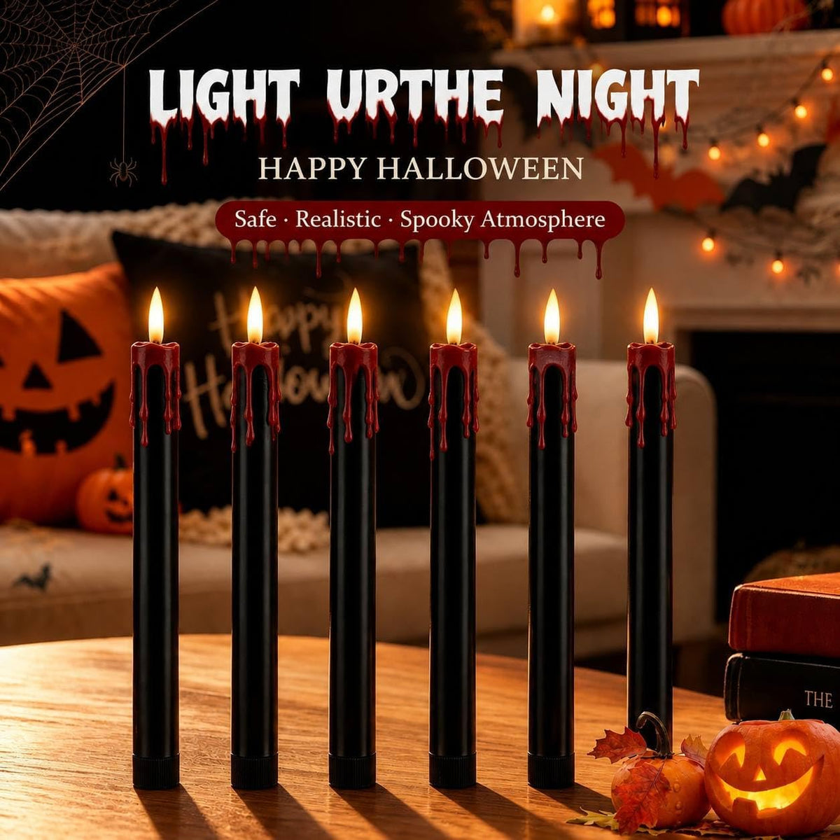 Dusk&Decorum 6 Pack Halloween Tapered Candles with Remote, Black Halloween Flameless Candles with Red Dripping Wax, Battery Operated LED Halloween Candles for Table, Mantel & Indoor Decor