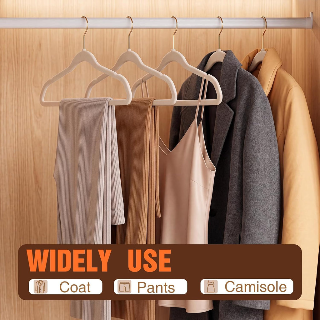Flottian 100 Pack Beige Velvet Hangers Non Slip,Felt Hangers with Gold Hook