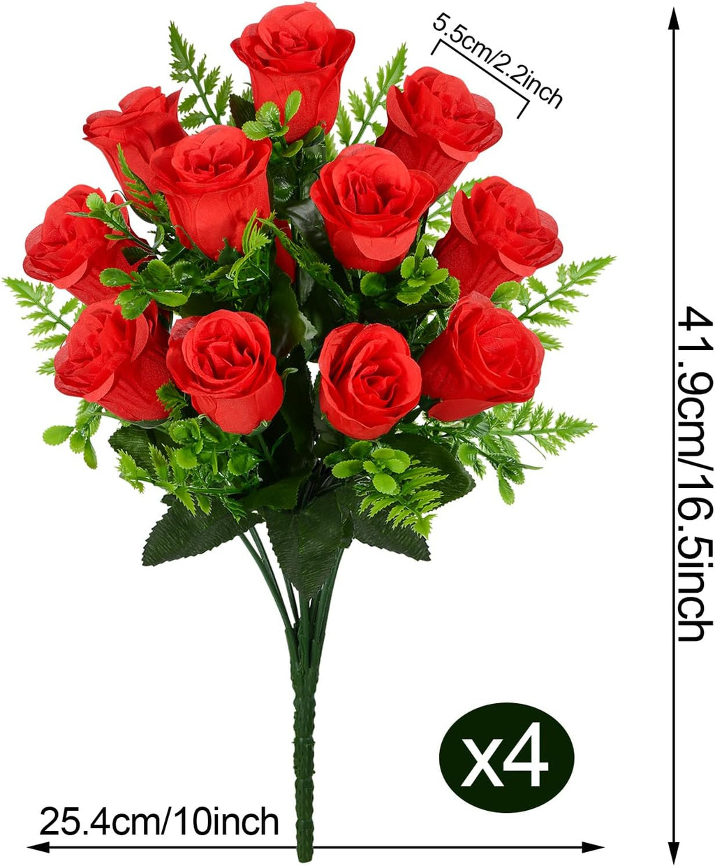 Artificial Rose Flowers Bouquet Realistic Silk Rose Fake Flowers for Wedding Home Centerpieces Party Cemetery Grave Decoration (4 Bouquets, Red)