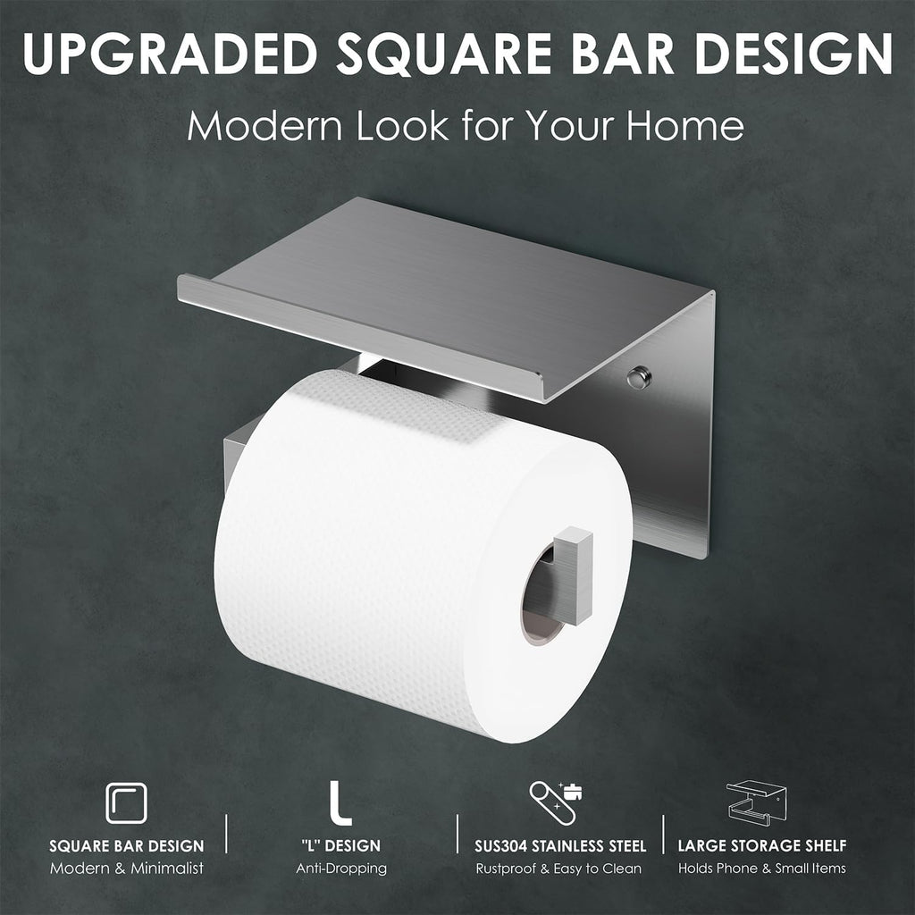Auxmir Toilet Paper Holder with Shelf, Self Adhesive or Screw Mount, Silver