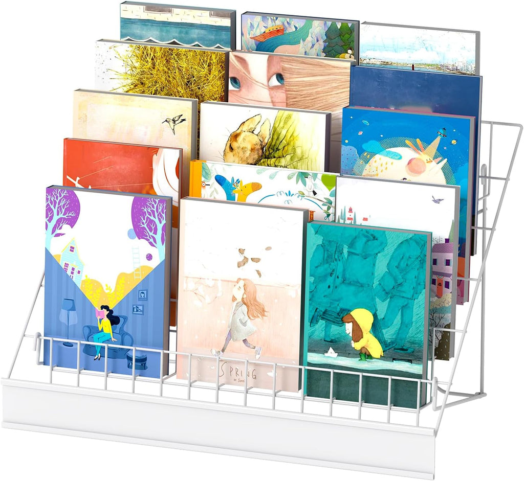 6-Tier 30" Wide Metal Magazine Holders with Sign Channel, White