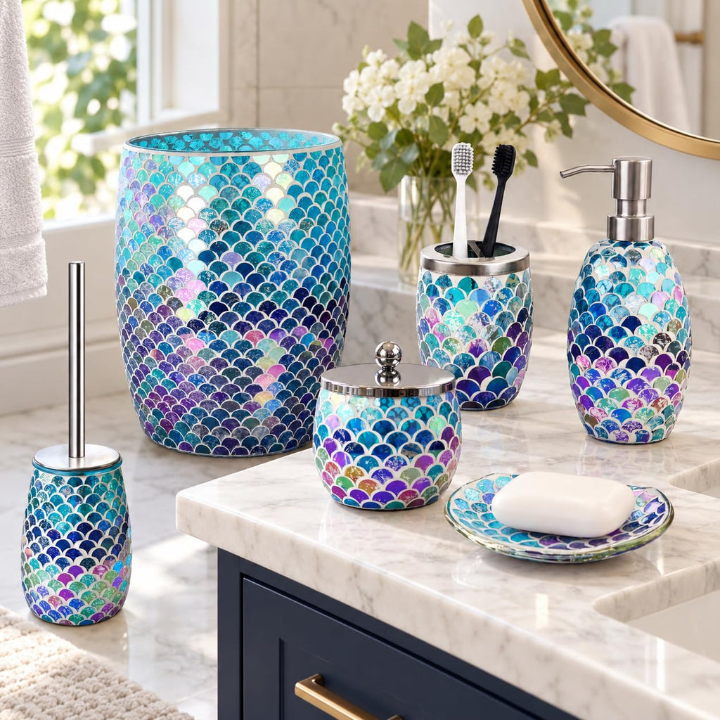 Escenzy Mermaid Bathroom Trash Can, Handmade Mosaic Glass 1.3 Gal / 5L | Decorative Waste Basket for Bathroom, Bedroom, Office | Luxury Mermaid Bathroom Decor | Coastal Home Decor Gift