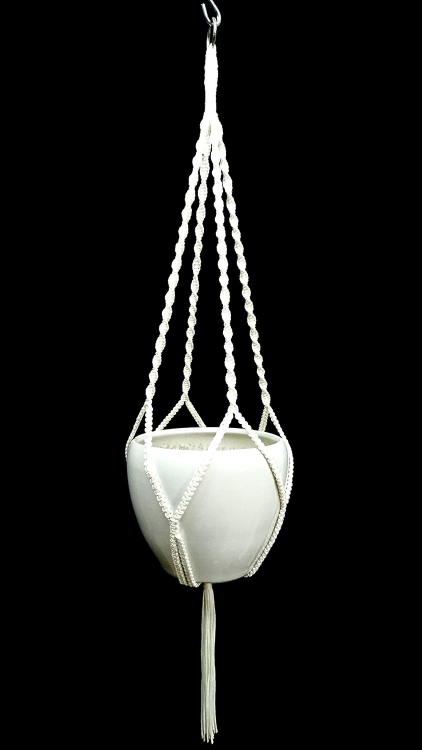 4 Legs Polypropylene Fiber Rope Macrame Plant Hanger Hanging Planter Holders Black& White Color, 48-inches for 10-12" Pot (White)