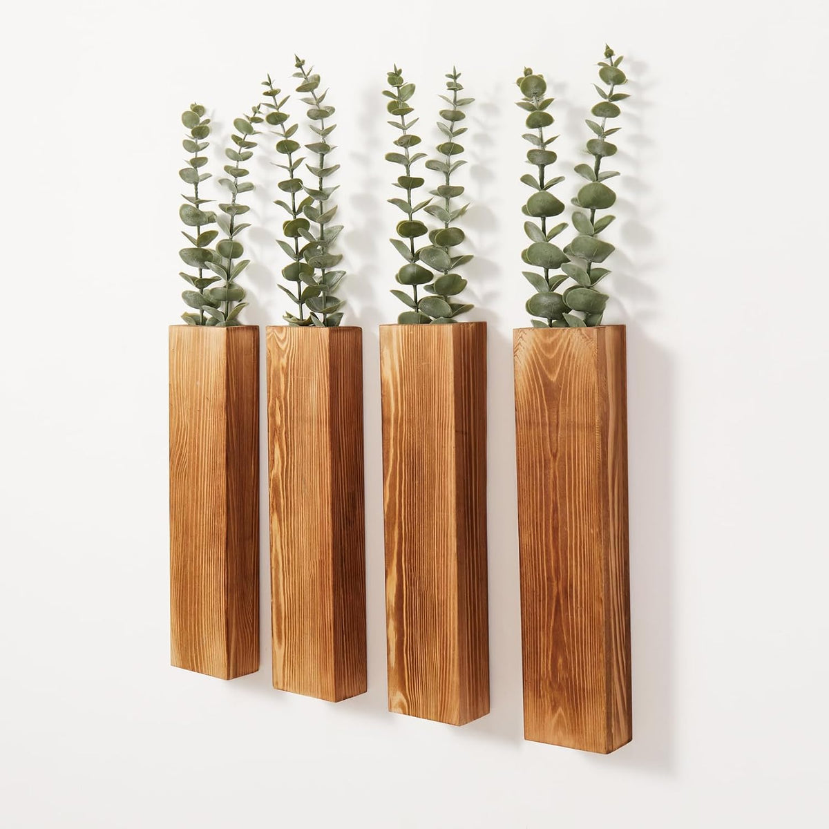 4 Pack Wooden Wall Planters with Faux Eucalyptus Stems for Wall Decor