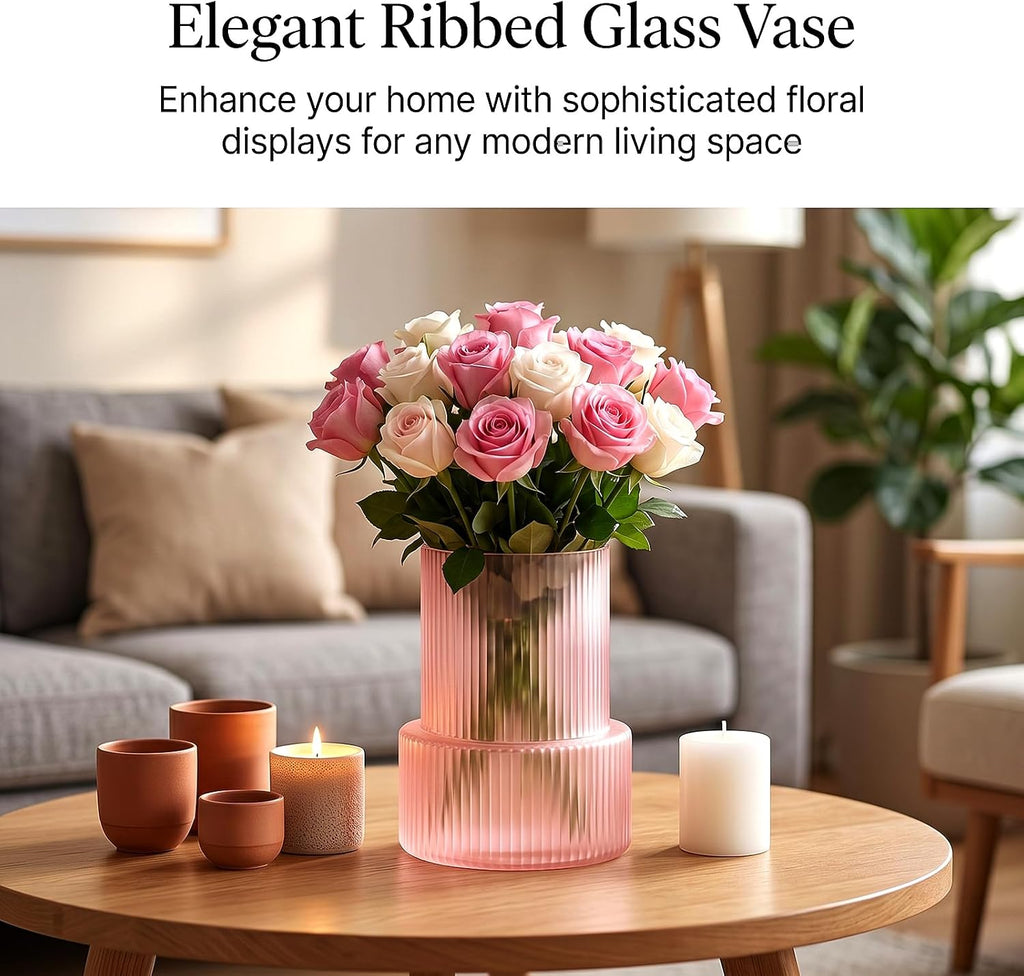 Pink Ribbed Glass Vase, Modern Decorative Flower Vase