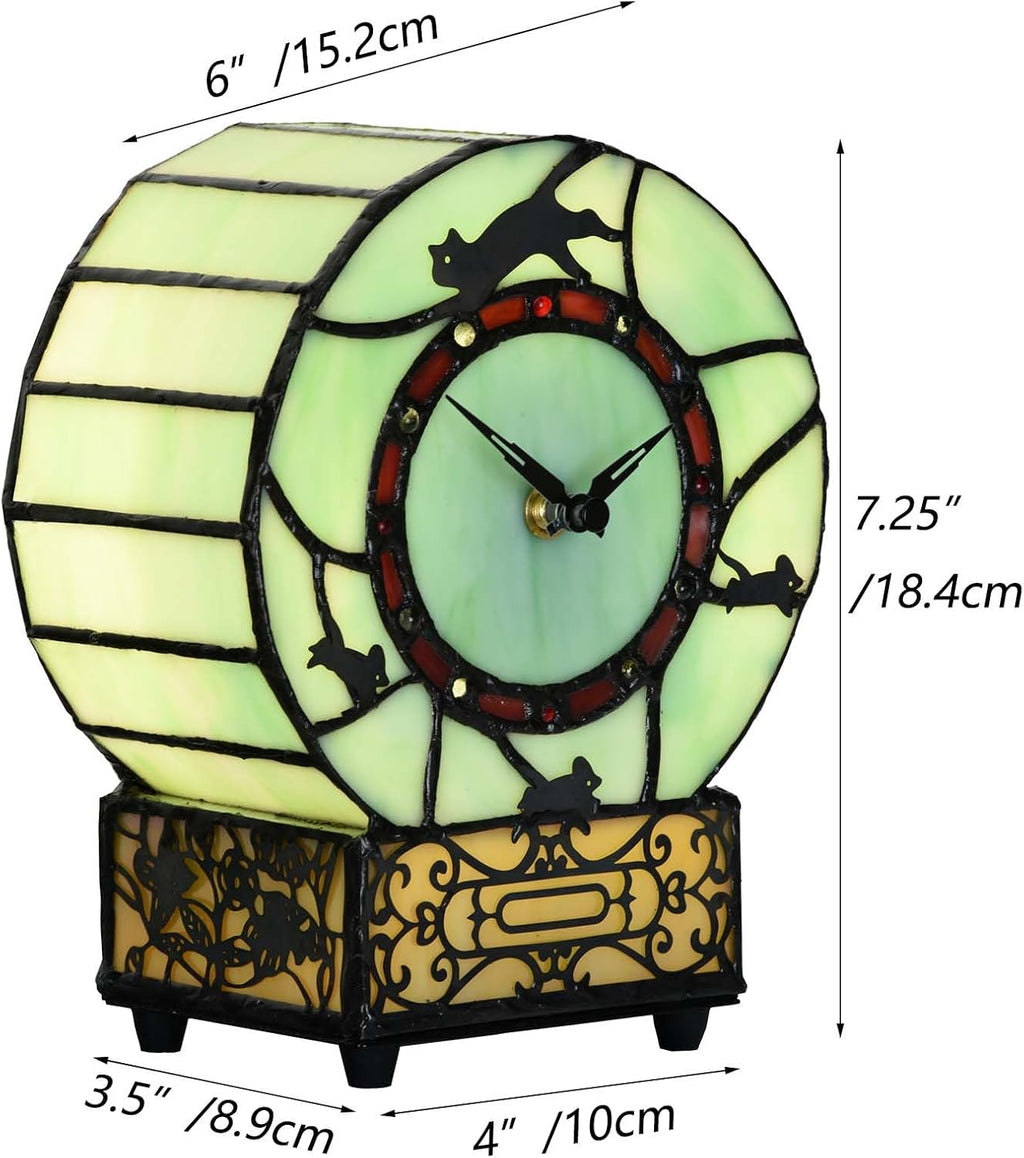 Bieye L10970 Cat and Mouse Tiffany Style Stained Glass Clock Lamp, Green
