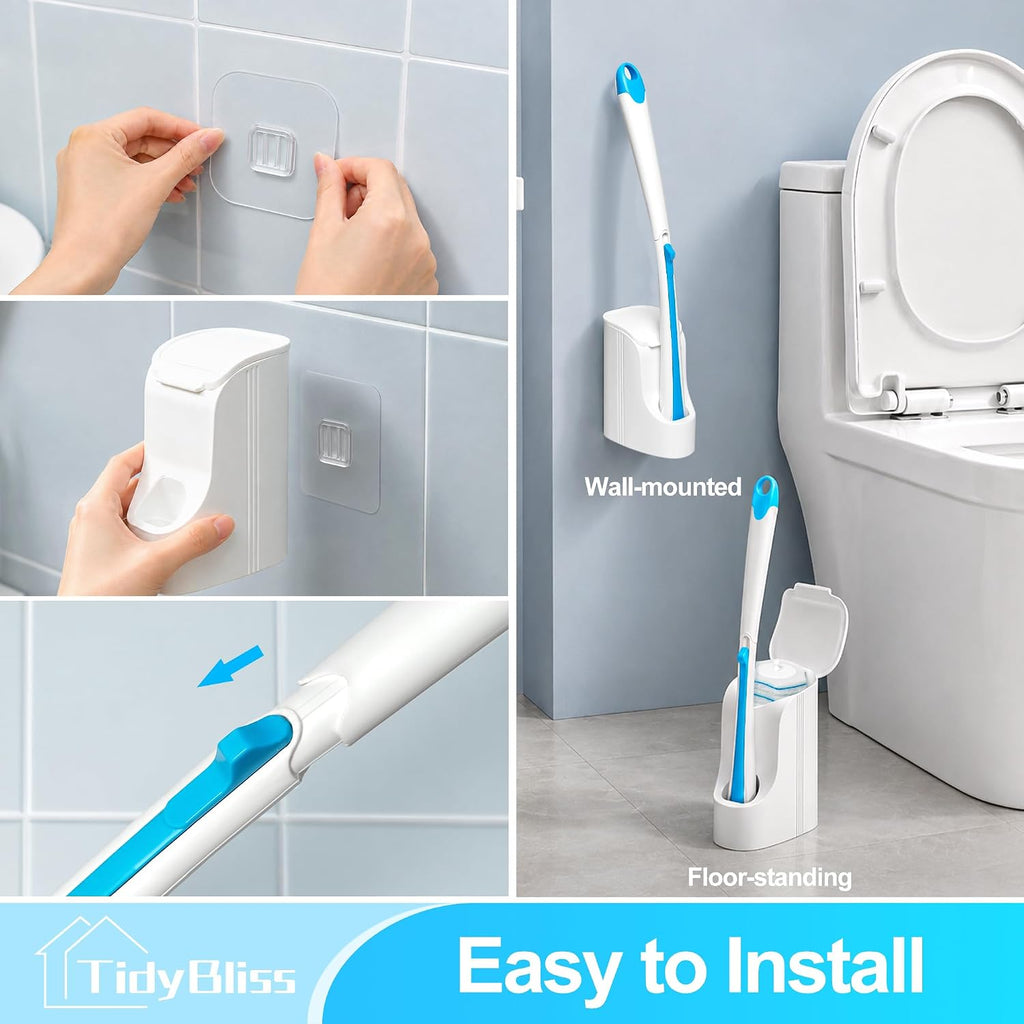 TidyBliss Disposable Toilet Brush and Holder Set with 64 Cleaner Refills
