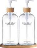 Vine Creations Clear Glass Soap Dispenser Set, Hand Soap and Dish Soap Dispenser Set with Bamboo Tray, 16 oz Glass Dispensers Bottle for Kitchen and Bathroom Decor Modern Boho with Bamboo Pump (Clear)
