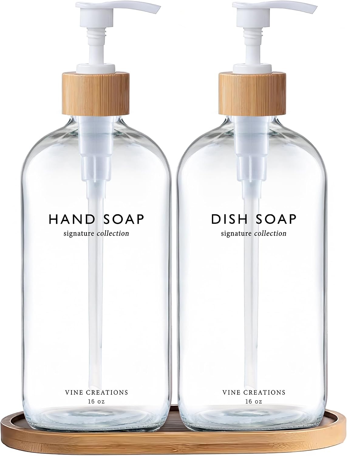 Vine Creations Clear Glass Soap Dispenser Set, Hand Soap and Dish Soap Dispenser Set with Bamboo Tray, 16 oz Glass Dispensers Bottle for Kitchen and Bathroom Decor Modern Boho with Bamboo Pump (Clear)