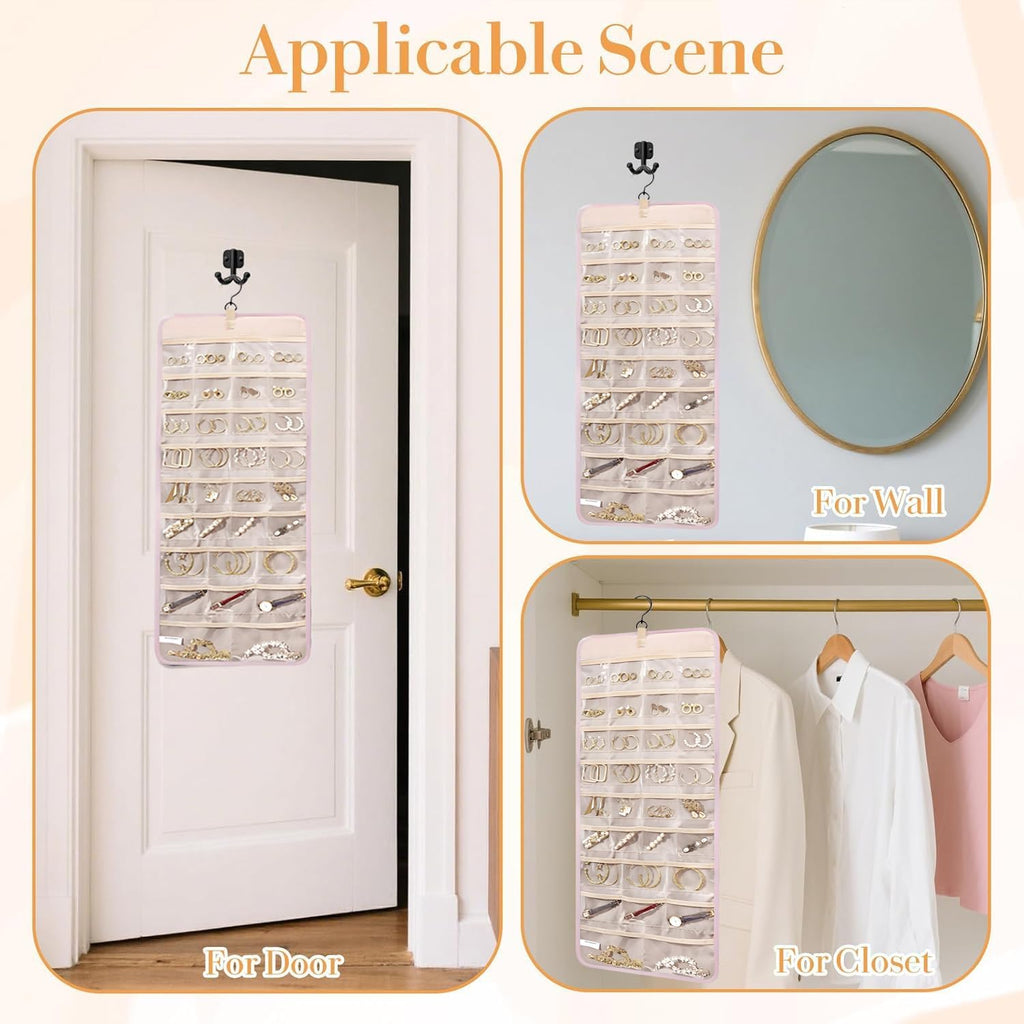 Hanging Jewelry Organizer Storage Roll with Hanger Metal Hooks Double-Sided Jewelry Holder for Earrings, Necklaces, Rings on Closet, Wall, Door,Large 14.17' x 33.07'',pink