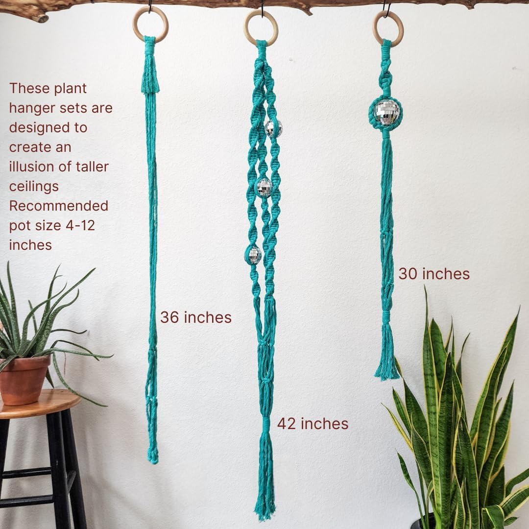 Set of 3 Macrame Plant Hanger | Disco ball decor Hanging planters for indoor plants Cool gifts for plant lovers Boho plant pots plant stand indoor Hanging planters for outdoor plants (Ocean Teal)