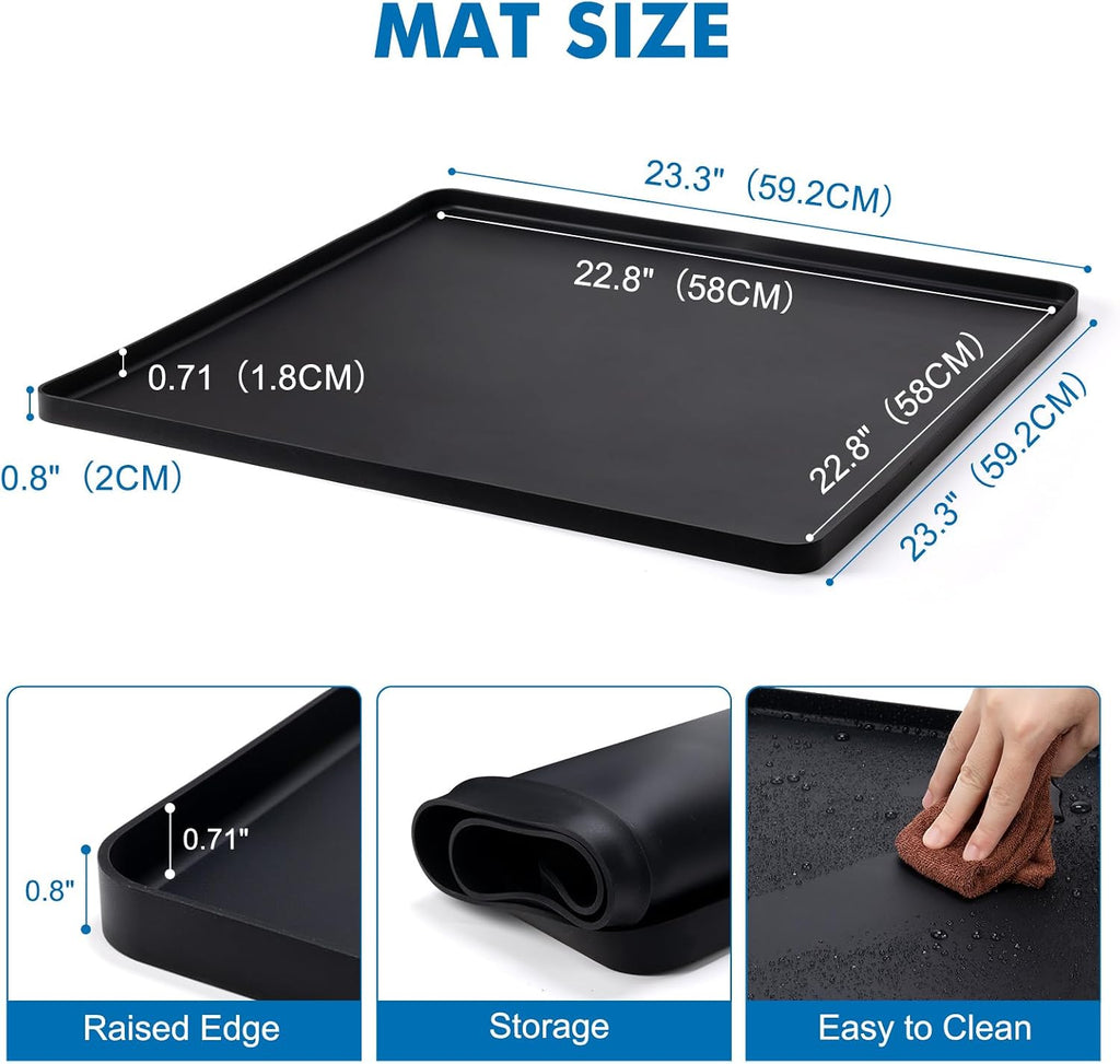 23.3"x23.3"x0.8" Silicone Mini Fridge Mat, AC Drip Pan Protector, Black