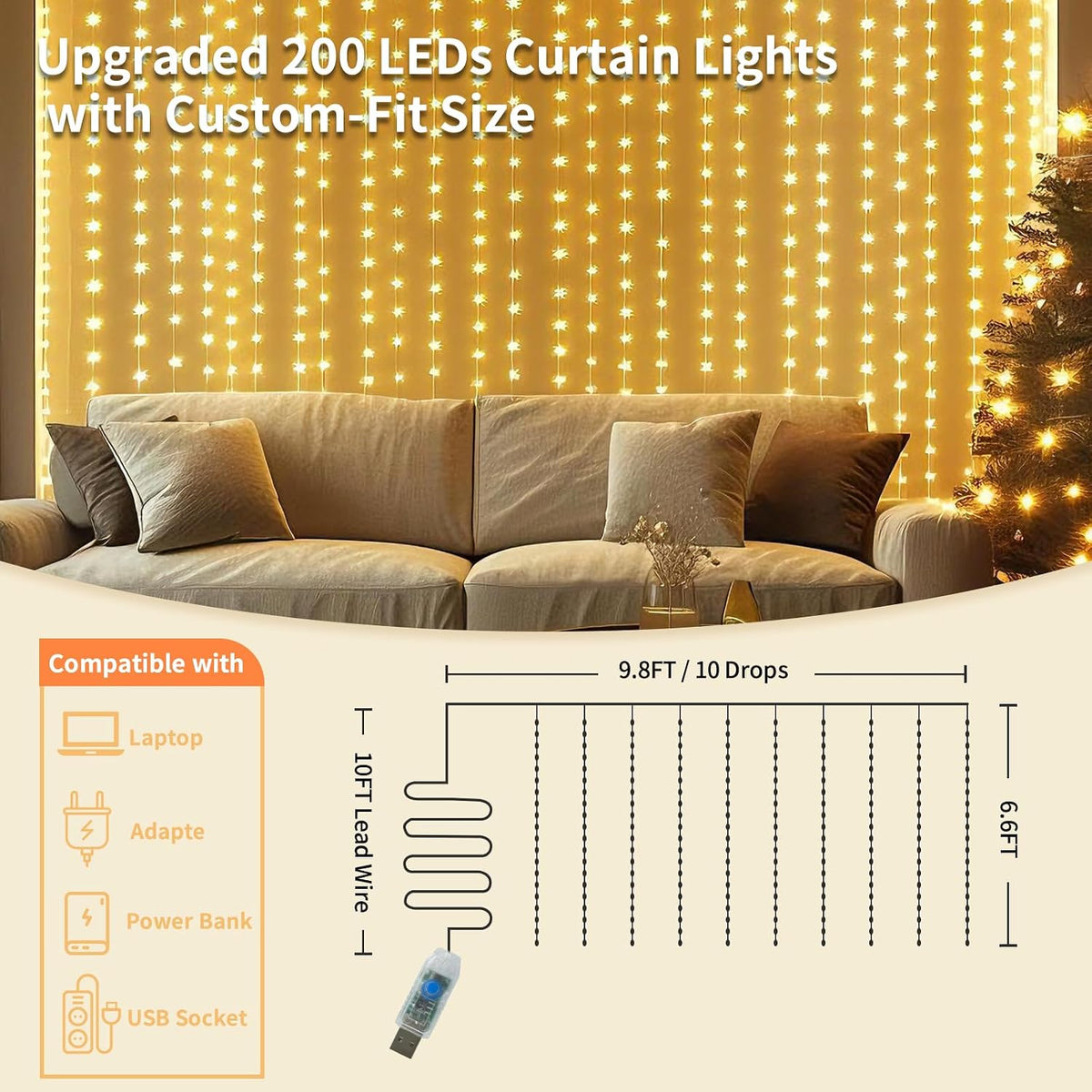 Fairy Curtain Lights, 200 LED Upgraded Tangle-Free Hanging Lights with Remote, USB Plug in String Lights for Bedroom Wall Window Wedding Party Xmas Home Décor - 9.8 x 6.6 Ft, Warm White