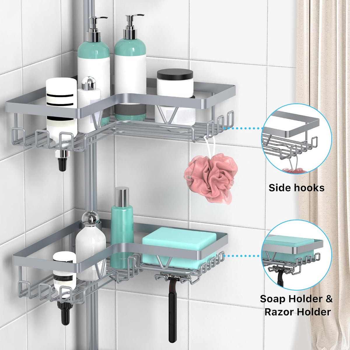 KEGII Shower Caddy Tension Pole, Bathtub Organizer, Light Gray