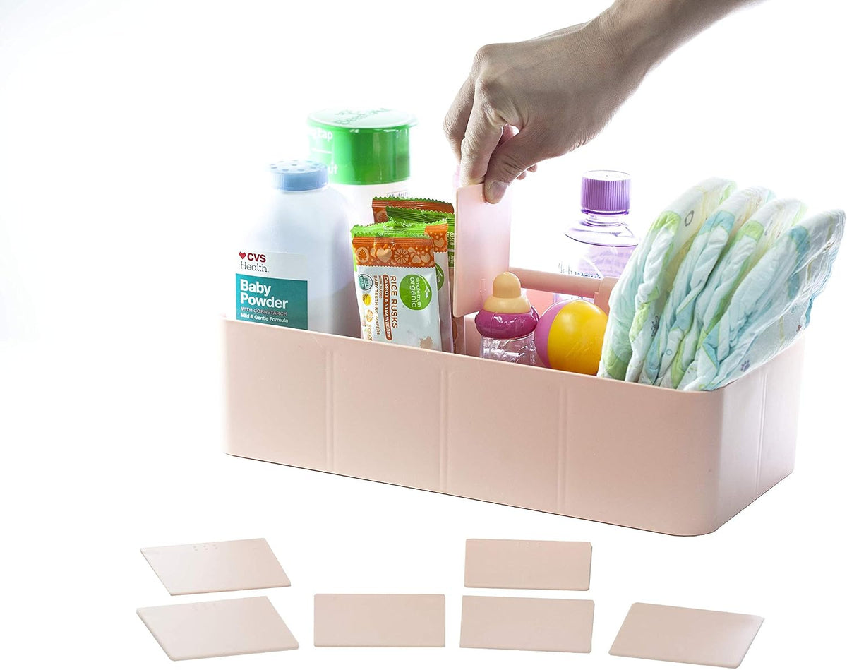 New Plastic Portable Makeup Organizer Caddy Tote Divided Basket Bin with Handle, for Bathroom Storage Made In USA (Indie Pink)