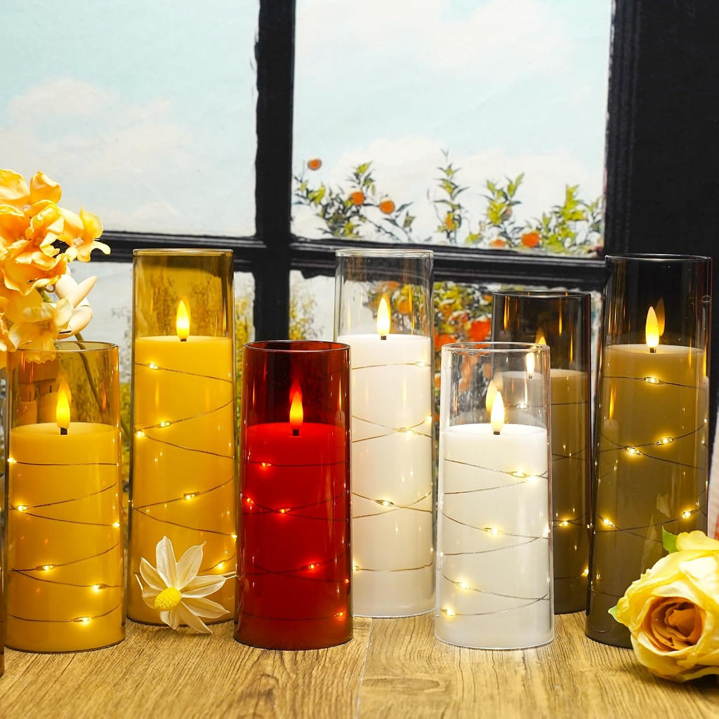Nimiko Flickering Flameless LED Candles, 9 Pcs with Embedded Star String, Acrylic LED Pillar Candles with Remote, Suitable for Home Decoration (White)