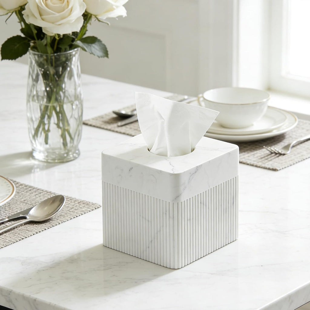 White Tissue Box Cover Square Resin Tissue Holder for Home Decor, Hand Poured Marble Ribbed Cube Tissue Box Holder – 5.5 Inch Heavy Duty Luxury Tissue Box Case for Bathroom, Living Room, Office