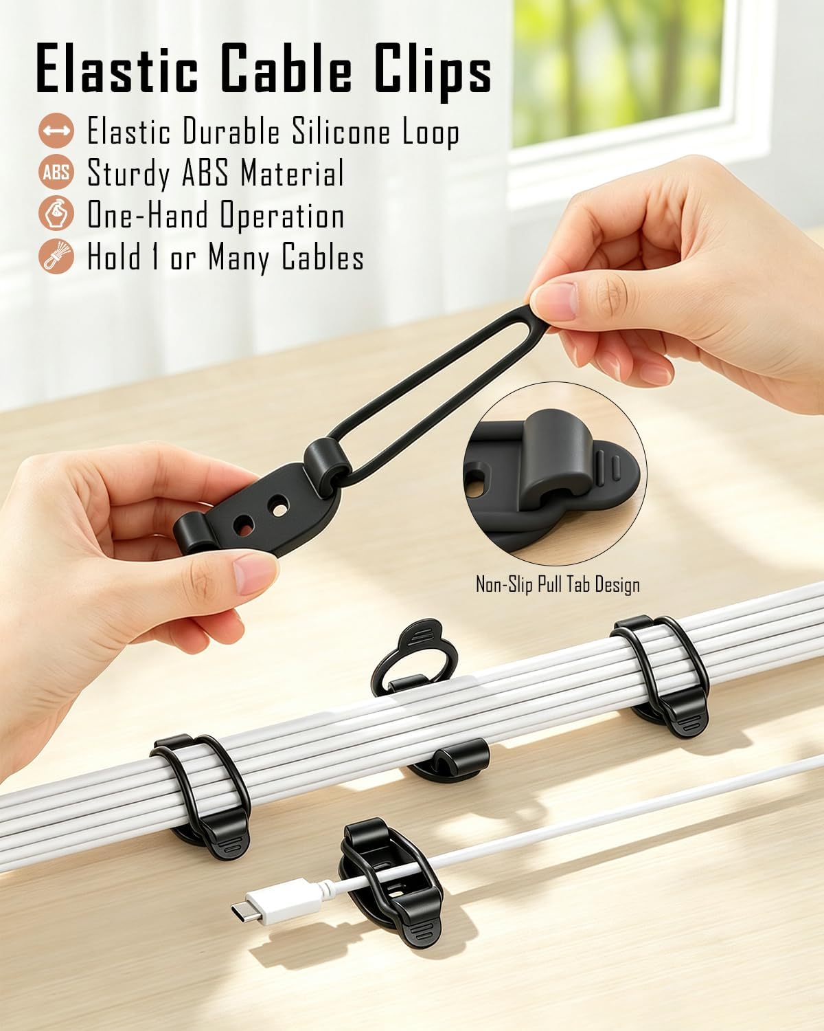 OneLeaf 10-Pack Adhesive Cable Management Clips, Desk Cable Clips, Black