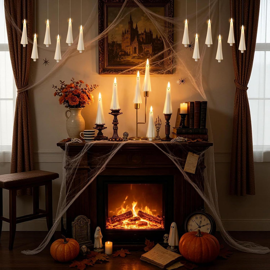 12 Pcs Halloween Ghost Flameless Floating Candles with Wand Remote Timer, Battery Operated LED Taper Candles for Hanging or Candelabra, Halloween Home Decor(White)