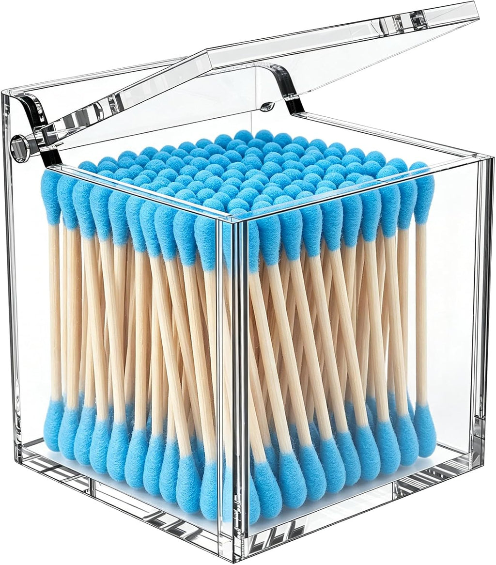 Qtip Holder Dispenser for Cotton Swabs, Balls, Pads, Floss Picks, Clear Acrylic Container with Lid Apothecary Jar Bathroom Accessories Canister Vanity Storage Organizer