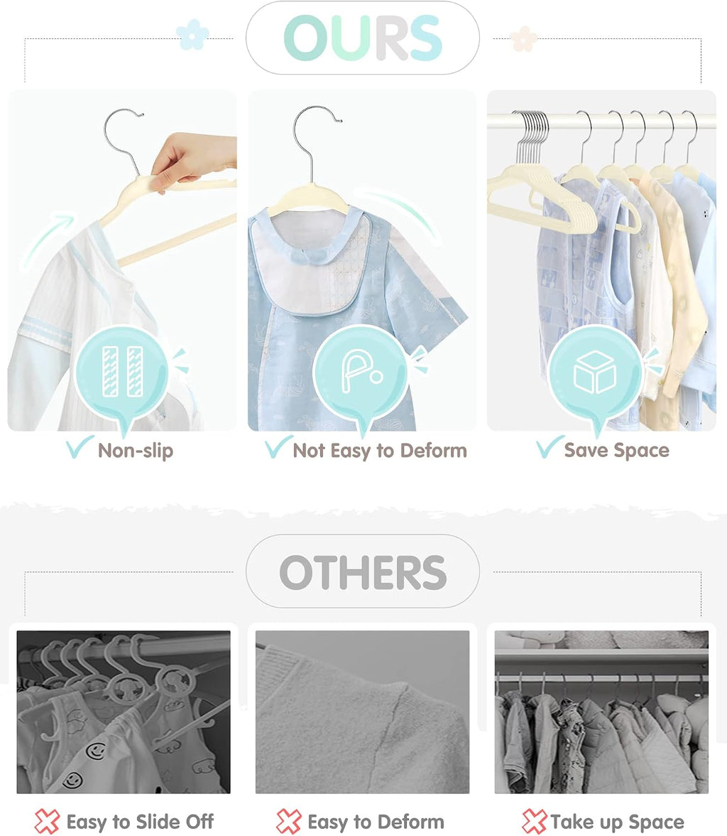 VIS'V Velvet Baby Hangers with 6 Pcs Size Dividers, 11 Inch, Beige, 50 Pcs