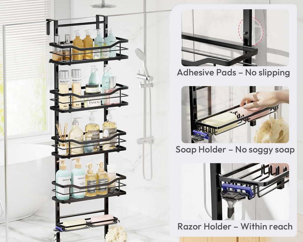SWTYMIKI Over the Door Shower Caddy - 5 Tier Adjustable Shower Organizer Hanging with Soap Holder, No Drilling Stainless Steel Bathroom Rack Hanging for Body Wash, Shampoo, Soap, Razor, Black