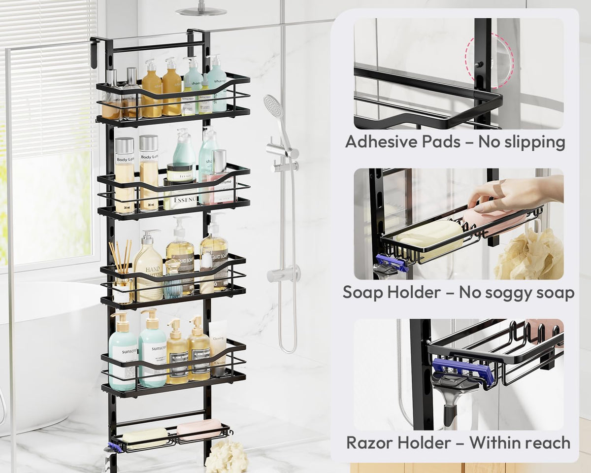 SWTYMIKI Over the Door Shower Caddy - 5 Tier Adjustable Shower Organizer Hanging with Soap Holder, No Drilling Stainless Steel Bathroom Rack Hanging for Body Wash, Shampoo, Soap, Razor, Black