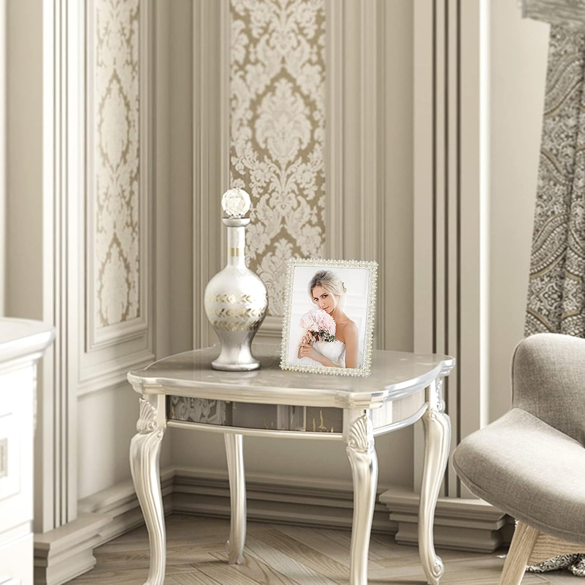 DIKAR 8x10 Wedding Picture Frame, Pearl and Diamond Ornate, Gold Edge
