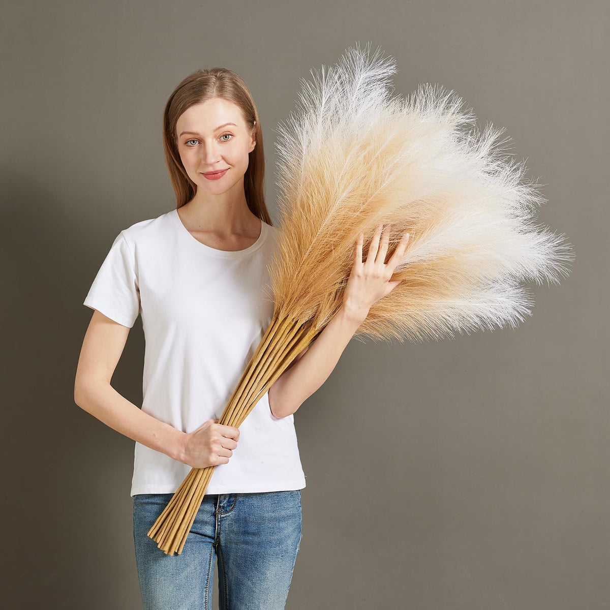 7 Pcs Faux Pampas Grass-45 Inches/3.75ft Large Boho Decor Fluffy Artificial Pompas Grass Décor Tall Vase Filler for Home Wedding Decoration (Beige Gradient, 7)
