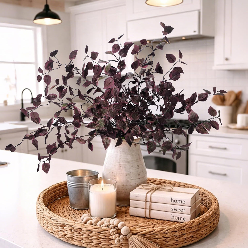 6PCS Artificial Fall Stems 32.7inch Long Burgundy Eucalyptus Stems for Vase