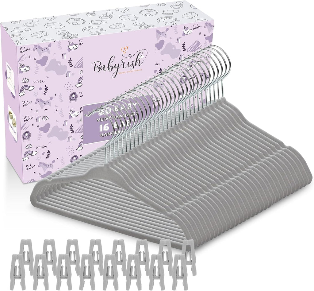 Babyrish Velvet Baby Hangers with Clips (30 Pack) | 11” Ultra-Slim Baby Clothes Hangers | Non-Slip Felt | Space-Saving Nursery & Infant Closet Organizer | Gray