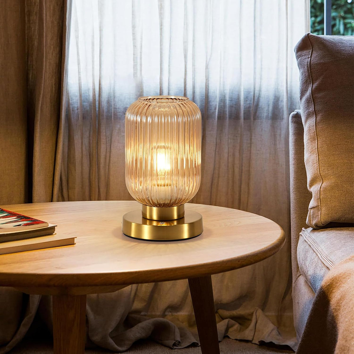 Rechargeable Amber Glass Table Lamp,Vintage Ribbed Bedside Lamp