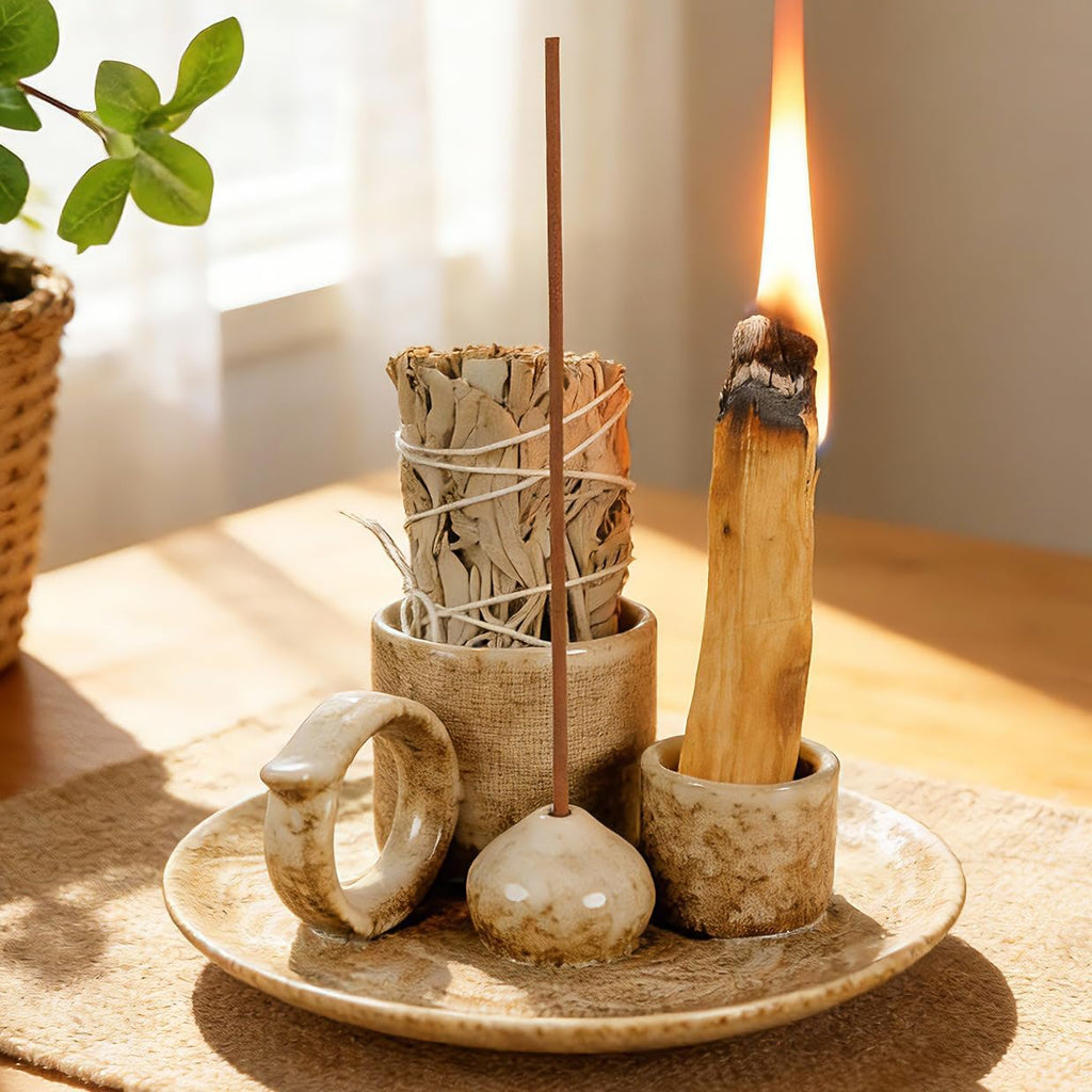 Tnstbiee 4.1 Inch 5-in1 Brown Ceramic Smudge Bowl,Versatile Incense Holder