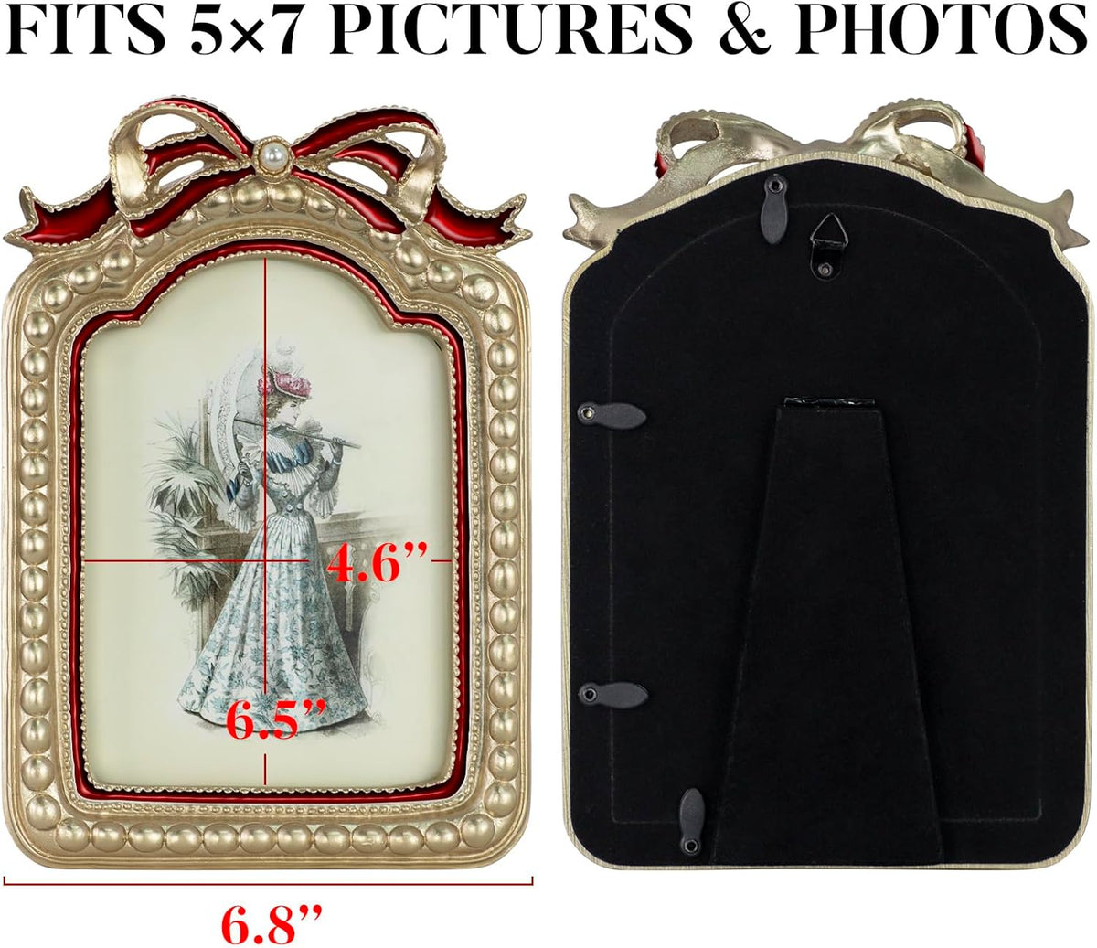 GUOER Vintage 5x7 Picture Frame with Bow Antique Ornate Table Top and Wall Mounting Photo Frame with High Definition Glass Front for Home Decor, Photo Gallery, Art(5x7, Gold & Red)