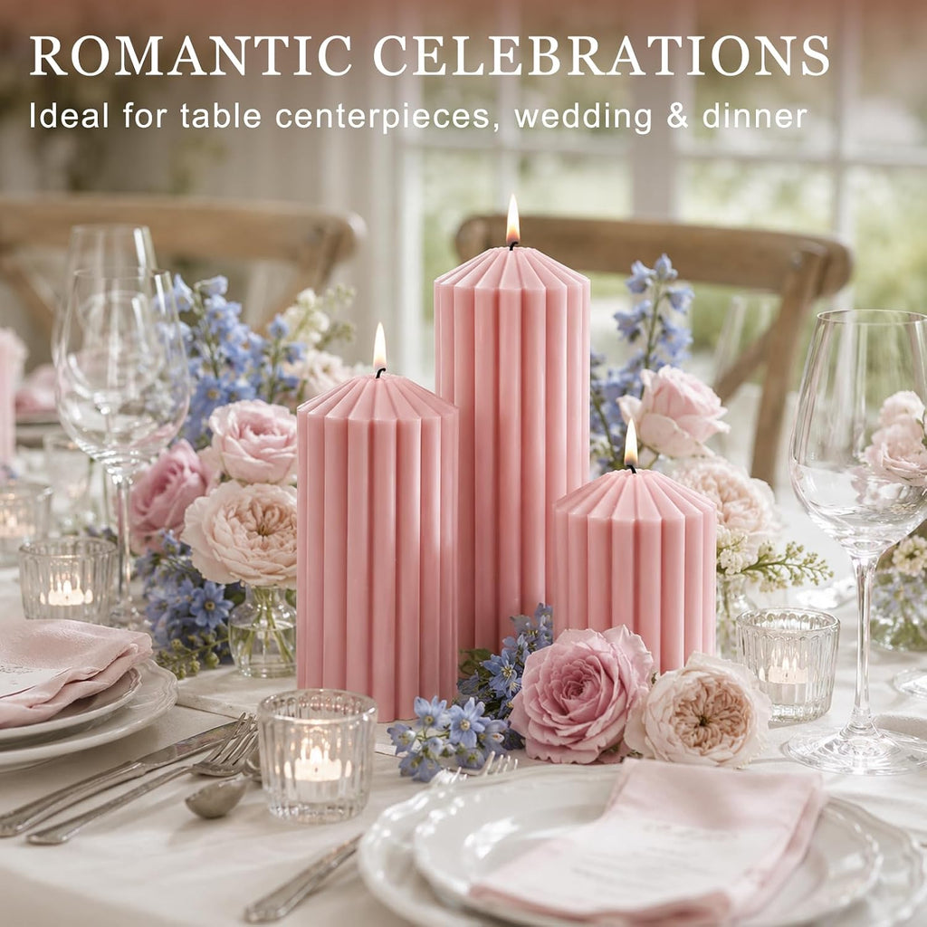 Ribbed Decorative Scented Pillar Candles, 3 Pack,2.8 x 4/6/8 Inch, Pink